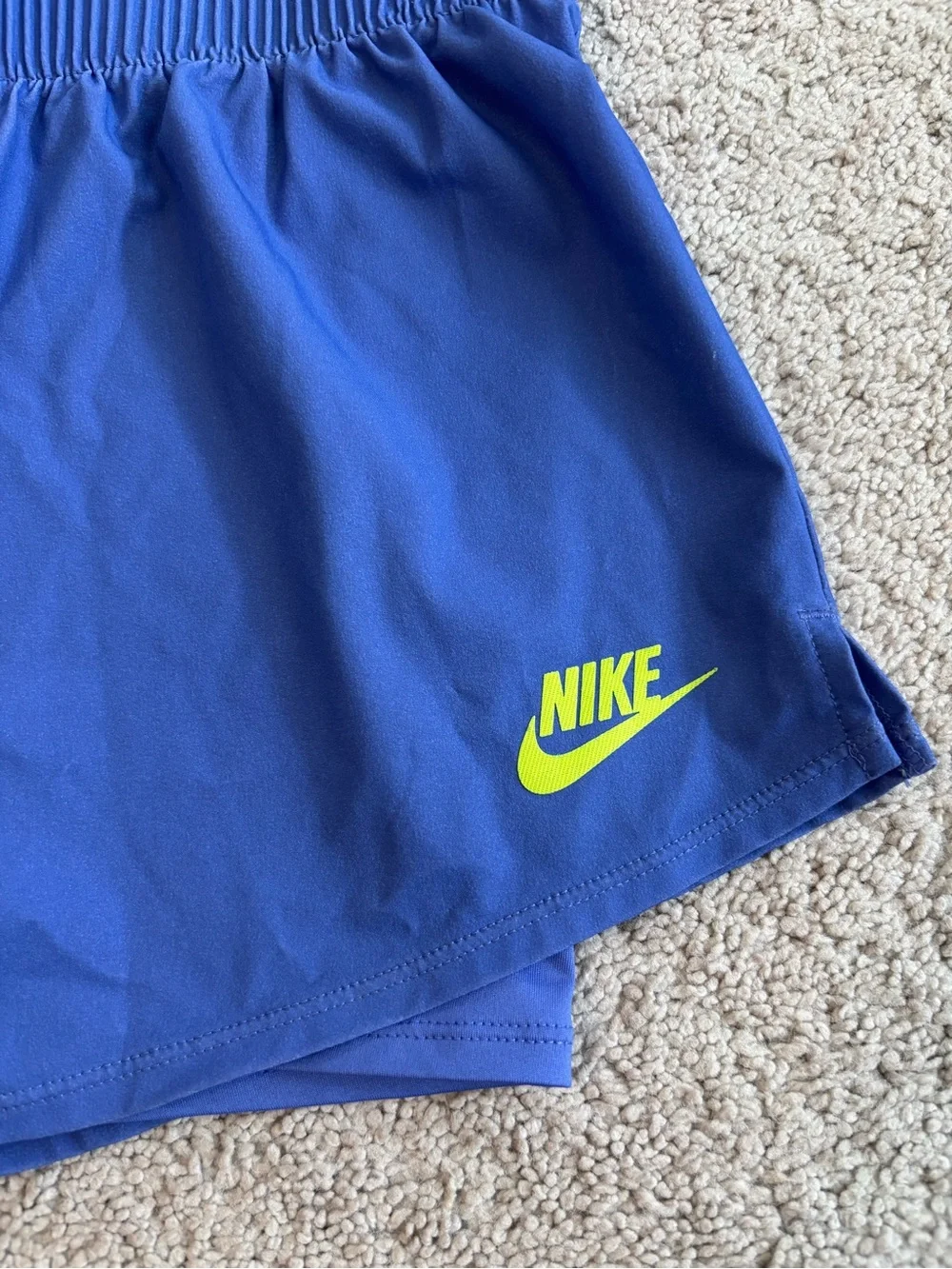Nike Royal Blue Athletic Shorts with Neon Green Graphic, Women’s XS